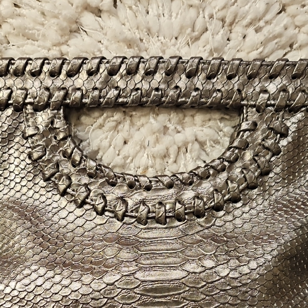 Big Buddha Snake Embosed Silver Metallic Clutch with Chain Detail - Picture 2 of 14
